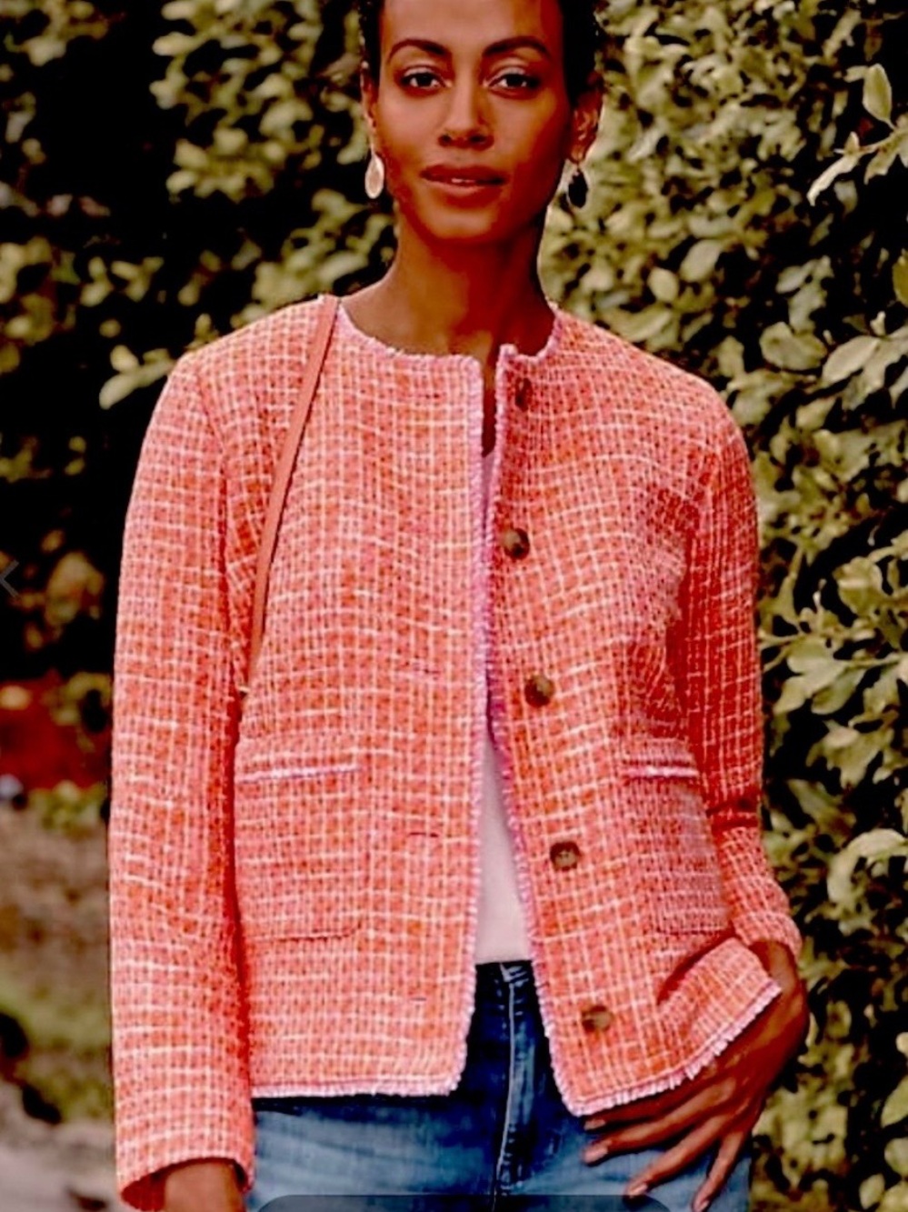 J. Jill Dahlia Tweed Boxy Button-Front Jacket in Coral